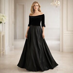JS collections black velvet boat neck top satin skirt maxi formal dress, size 8 